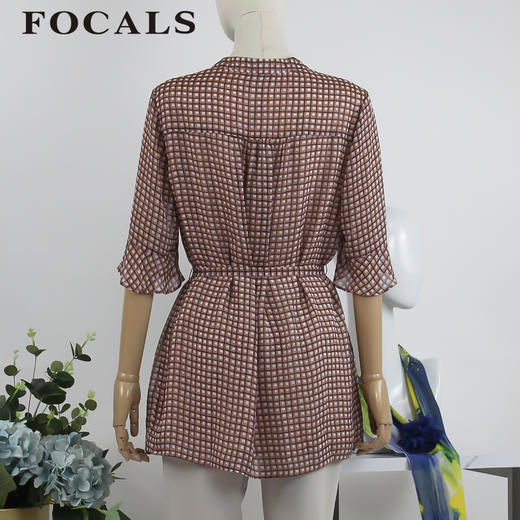 FOCALS福柯斯女装夏季新款喇叭袖气质格子印花衬衫2YBN251JP 商品图2