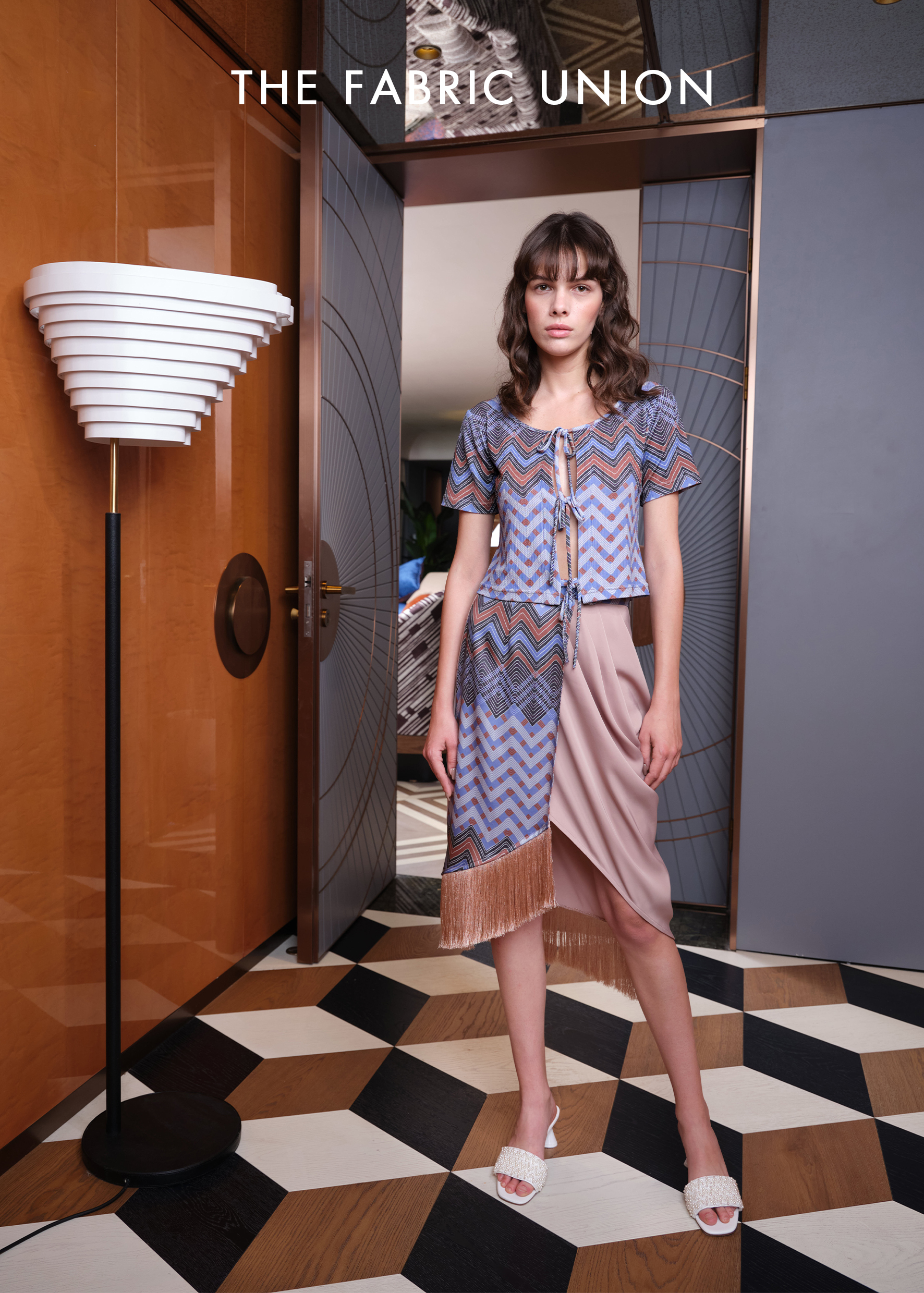 THE FABRIC UNION「海上梦旅」系列服装 胸前系带针织上衣 印花系带针织裹裙