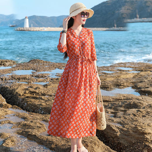 丁摩 夏季旅行苎麻天丝V领连衣裙袍子20-194 -DR299 商品图2