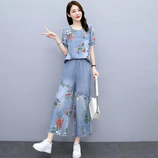 JY8900 2021夏季时尚简约大方气质优雅显瘦印花牛仔圆领舒适两件套 商品图5