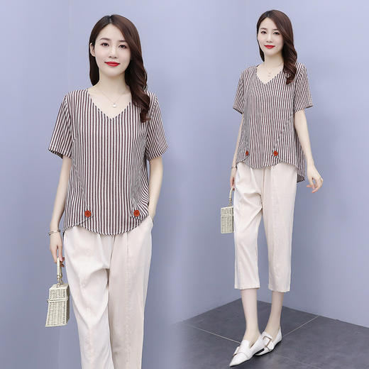 YHSS119157新款优雅文艺气质休闲棉麻V领短袖条纹T恤裤子两件套 商品图0