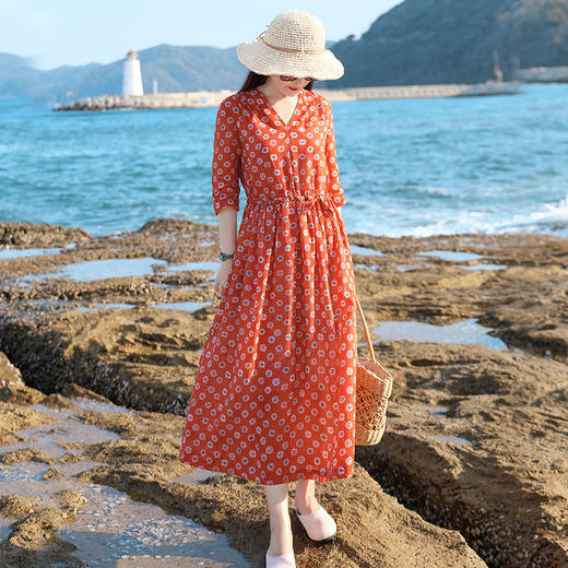 丁摩 夏季旅行苎麻天丝V领连衣裙袍子20-194 -DR299 商品图1