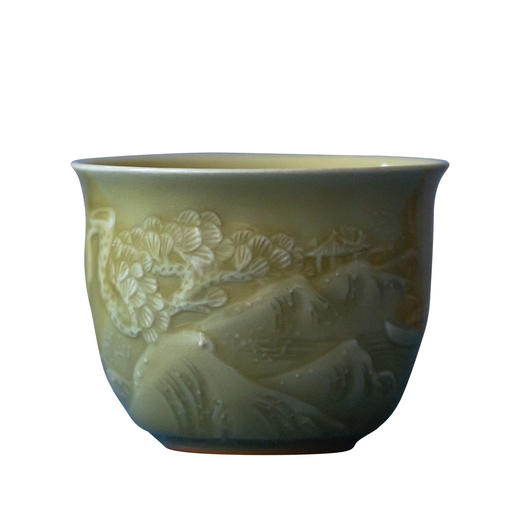 茶香记 龙泉青瓷米黄釉山水杯君往何方120ml釉色淡雅雕刻精细茶杯 商品图4