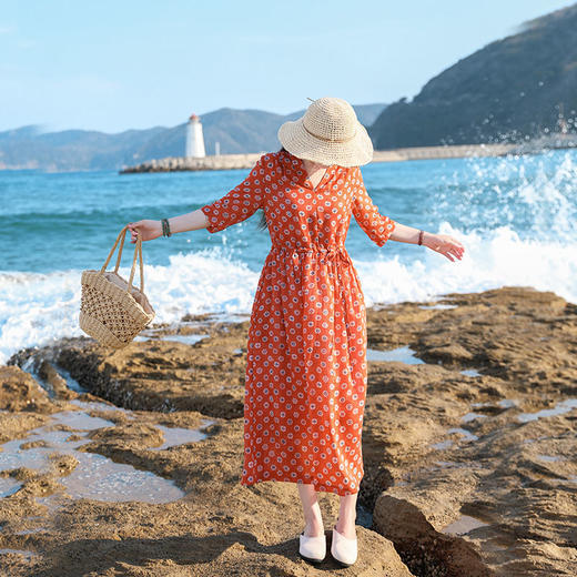 丁摩 夏季旅行苎麻天丝V领连衣裙袍子20-194 -DR299 商品图4