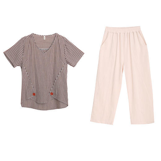 YHSS119157新款优雅文艺气质休闲棉麻V领短袖条纹T恤裤子两件套 商品图4