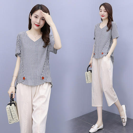 YHSS119157新款优雅文艺气质休闲棉麻V领短袖条纹T恤裤子两件套 商品图1