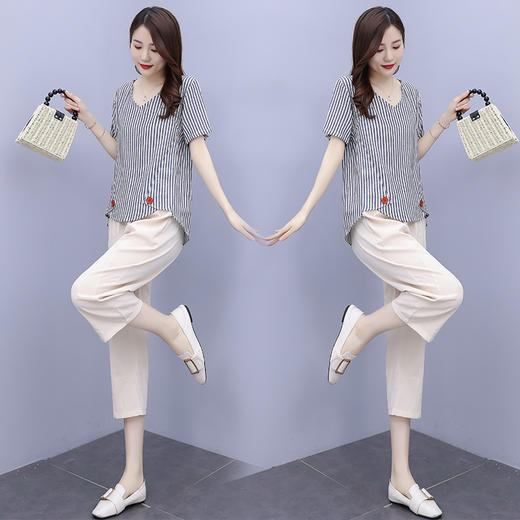 YHSS119157新款优雅文艺气质休闲棉麻V领短袖条纹T恤裤子两件套 商品图2