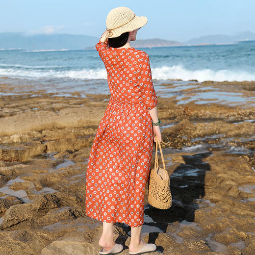 丁摩 夏季旅行苎麻天丝V领连衣裙袍子20-194 -DR299 商品图3