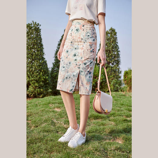 欧芮儿碎花雪纺半身裙2021新款高腰显瘦气质优雅油画风开叉裙 商品图1