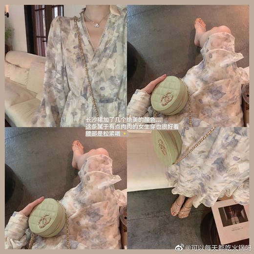 【金蘑菇菇 人间四月】温柔风法式长袖V领收腰碎花连衣裙渡假裙 商品图4