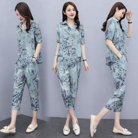 XX2716 2021夏季新款简约时尚个性气质翻领印花舒适七分裤两件套