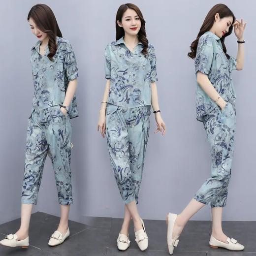 XX2716 2021夏季新款简约时尚个性气质翻领印花舒适七分裤两件套 商品图0