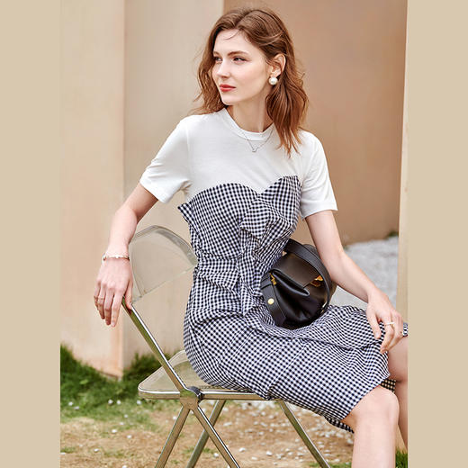 欧芮儿格子连衣裙女2021新款收腰显瘦撞色拼接不规则抽皱裙子 商品图0