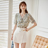 欧芮儿上衣女2021新款短袖气质显瘦法式V领设计感碎花雪纺衫 商品缩略图0