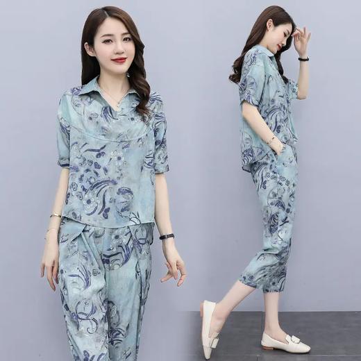XX2716 2021夏季新款简约时尚个性气质翻领印花舒适七分裤两件套 商品图3