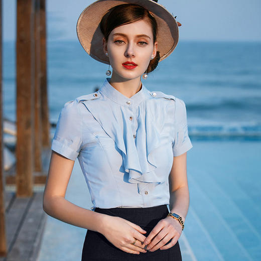 IWY/蓝色名媛时尚荷叶领短袖衬衫杏色蓝色短袖衬衣职业装女装B83 商品图0