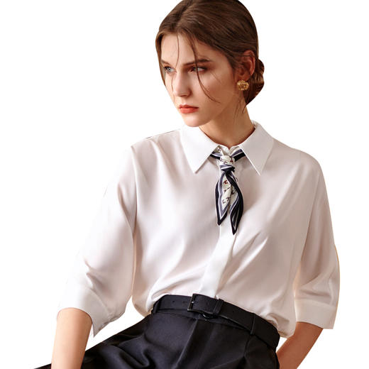 欧芮儿白色雪纺衬衫女2021法式减龄可拆卸飘带五分袖防晒衬衣 商品图3