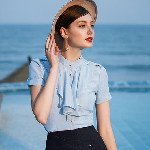 IWY/蓝色名媛时尚荷叶领短袖衬衫杏色蓝色短袖衬衣职业装女装B83 商品图1