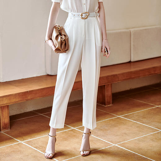 欧芮儿白色休闲裤女2021新款夏时尚气质简洁装饰扣斜纹百搭锥形裤 商品图2