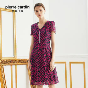 皮尔卡丹女装夏玫红色网纱袖V领短袖连衣裙A字裙P0200DS48D3
