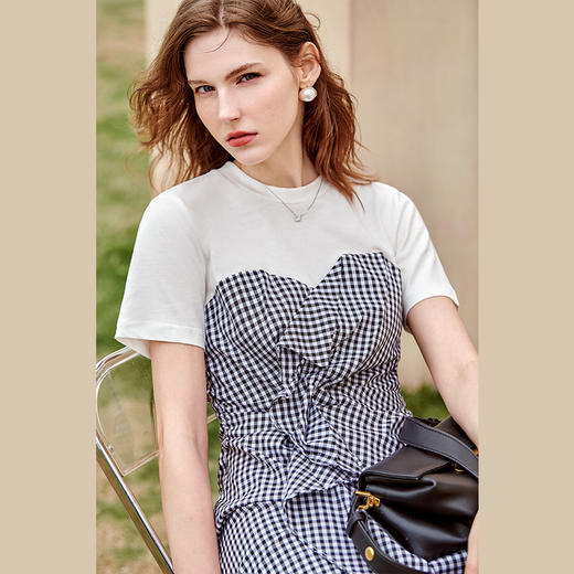 欧芮儿格子连衣裙女2021新款收腰显瘦撞色拼接不规则抽皱裙子 商品图1