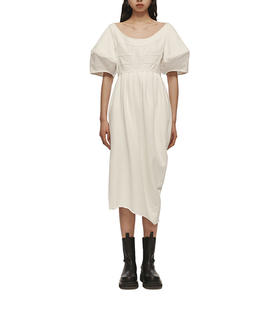 2932#牛仔拼接圆领泡泡袖连衣裙