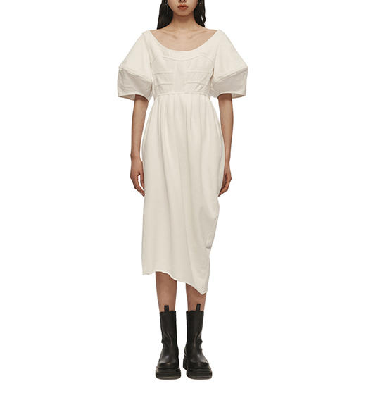 2932#牛仔拼接圆领泡泡袖连衣裙 商品图0