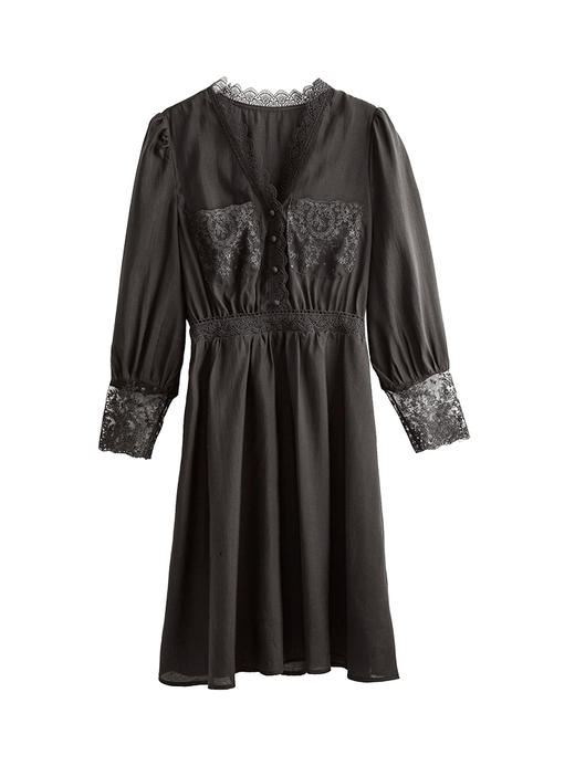 欧芮儿V领连衣裙2021新款夏收腰显瘦蕾丝拼接气质优雅复古法式裙 商品图4