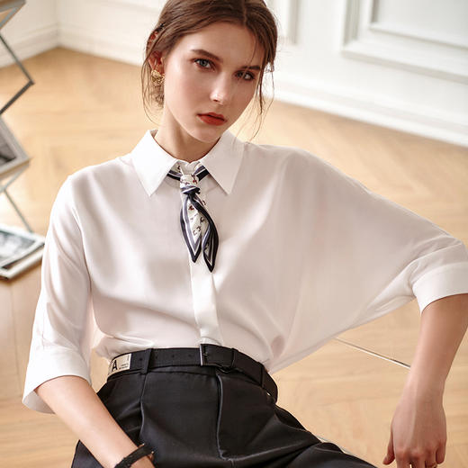 欧芮儿白色雪纺衬衫女2021法式减龄可拆卸飘带五分袖防晒衬衣 商品图0