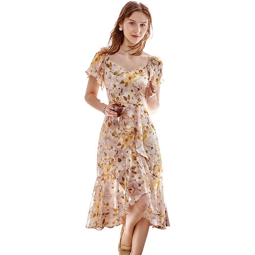 欧芮儿碎花雪纺连衣裙2021新款夏收腰显瘦法式优雅复古V领中长裙 商品图3