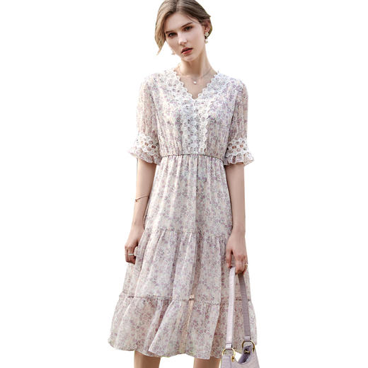 欧芮儿蕾丝连衣裙夏2021新款收腰显瘦法式优雅简约气质定制印花裙 商品图3