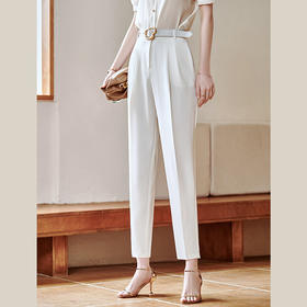 欧芮儿白色休闲裤女2021新款夏时尚气质简洁装饰扣斜纹百搭锥形裤