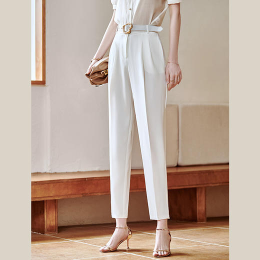 欧芮儿白色休闲裤女2021新款夏时尚气质简洁装饰扣斜纹百搭锥形裤 商品图0