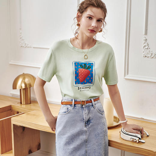 欧芮儿短袖针织衫女2021宽松显瘦气质草莓图案薄款冰丝套头衫 商品图2