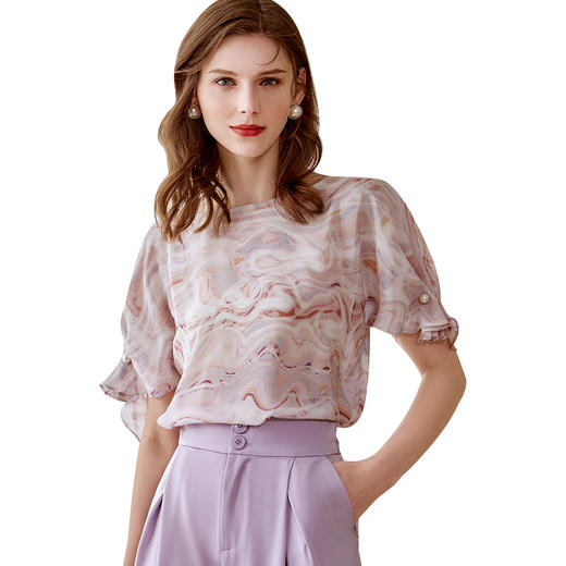 欧芮儿印花雪纺衫女2021新款气质时髦简约设计感小众炫彩上衣 商品图3