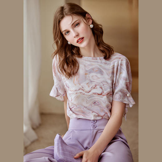 欧芮儿印花雪纺衫女2021新款气质时髦简约设计感小众炫彩上衣 商品图1