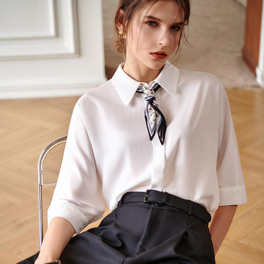 欧芮儿白色雪纺衬衫女2021法式减龄可拆卸飘带五分袖防晒衬衣 商品图2