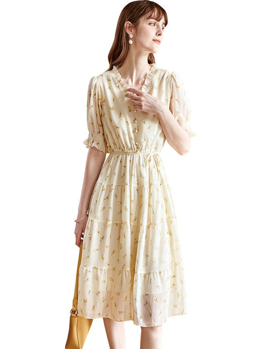 欧芮儿V领碎花连衣裙2021新款夏收腰显瘦气质花边设计感杏色裙子 商品图3