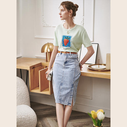 欧芮儿短袖针织衫女2021宽松显瘦气质草莓图案薄款冰丝套头衫 商品图0