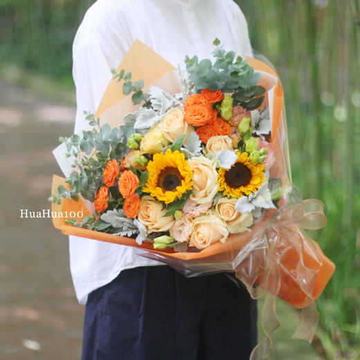 橘彩星光丨香槟玫瑰向日葵混合花束 商品图1