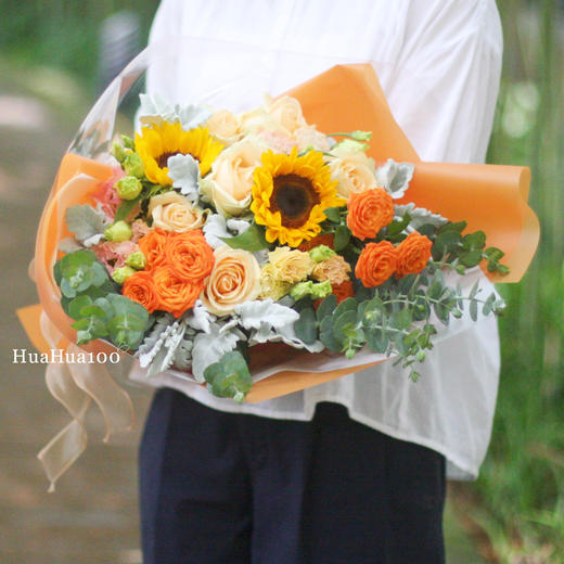 橘彩星光丨香槟玫瑰向日葵混合花束 商品图2