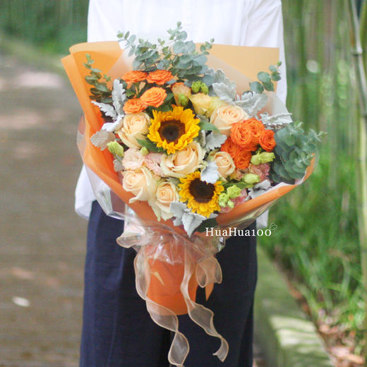 橘彩星光丨香槟玫瑰向日葵混合花束 商品图3
