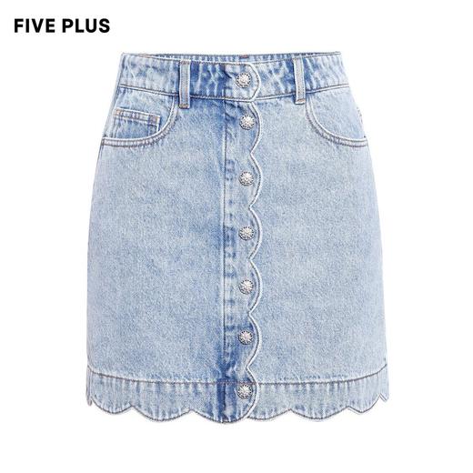 FIVE PLUS2021新款女夏装高腰直筒牛仔半身裙女单排扣波浪摆短裙2NN2073070 商品图3