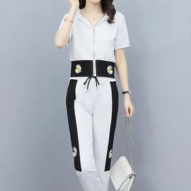 CZJ5011 2021夏季新款简约拼接绣花设计连帽两件套