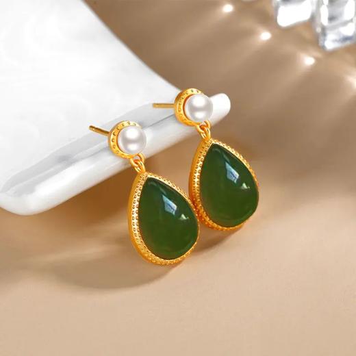 TZW-S925纯银耳钉金色和田青玉耳坠女士个性水滴耳饰 商品图3