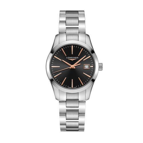 【包税】预定款1个月 LONGINES/浪琴 康铂系列精钢石英机芯女士黑色表盘腕表29.50毫米L2.286.4.52.6 商品图0