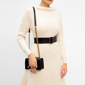 ALEXANDER MCQUEEN 亚历山大.麦昆 女士小号鳄鱼压纹皮革施华洛世奇水晶镶嵌手指骷髅单肩包 黑色 653134 1HB0T 1001