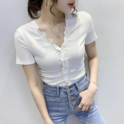 木耳边T恤女v领长袖性感露锁骨荷叶边上衣设计感收腰显瘦打底衫 商品图2