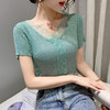 夏季新款性感蕾丝拼接V领冰丝针织衫女短袖T恤修身显瘦上衣薄款 商品缩略图0