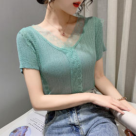 夏季新款性感蕾丝拼接V领冰丝针织衫女短袖T恤修身显瘦上衣薄款
